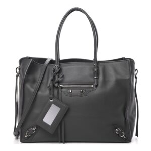 Black leather tote bag with handles