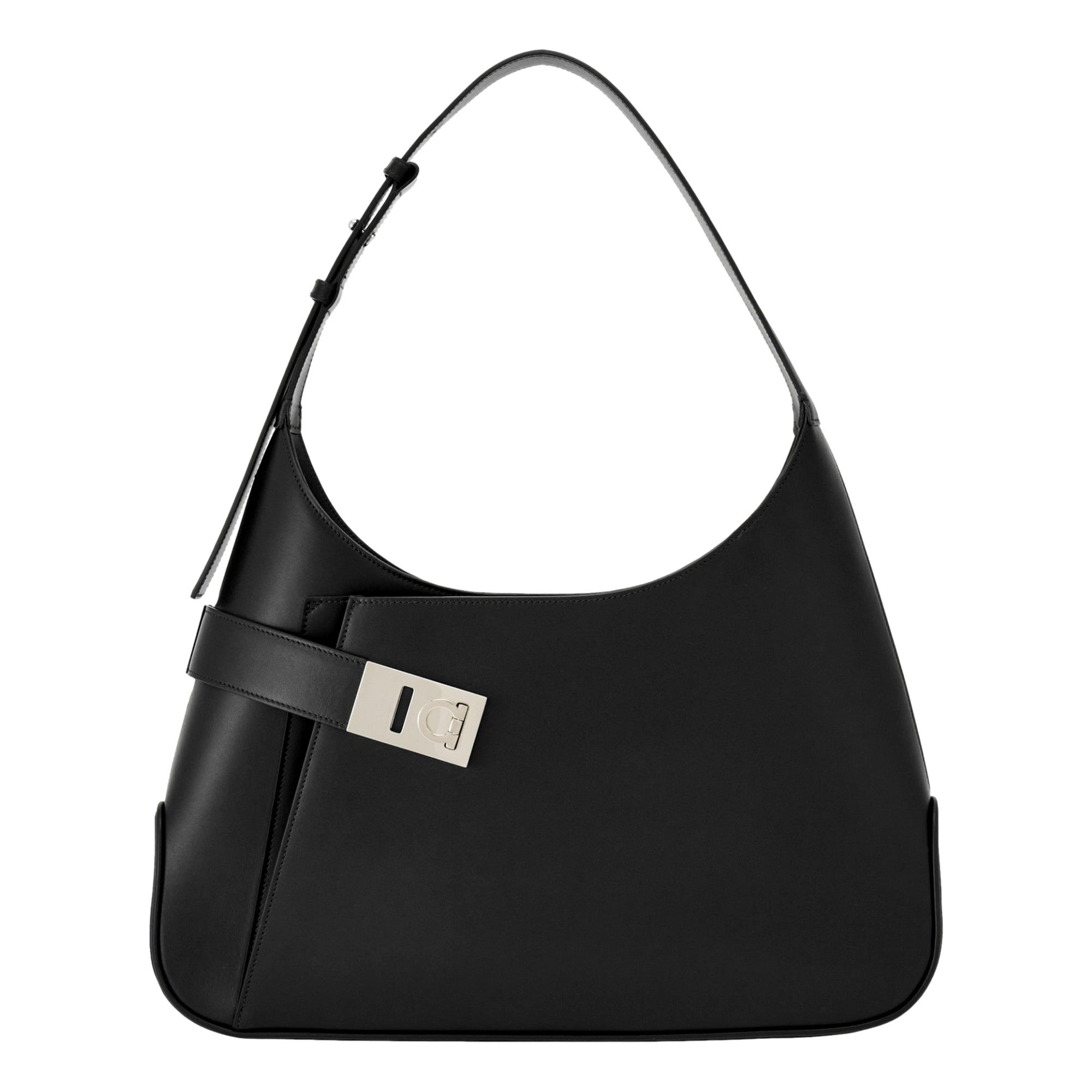 Stylish black purse with shoulder strap.