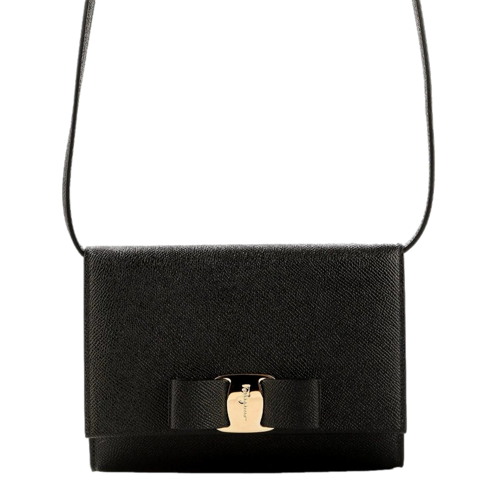 Black leather handbag with gold clasp
