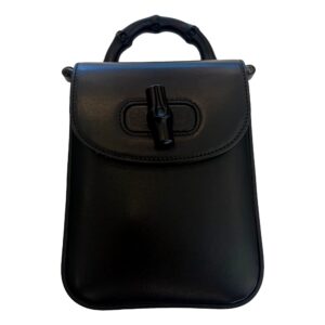 Black leather handbag with bamboo handle