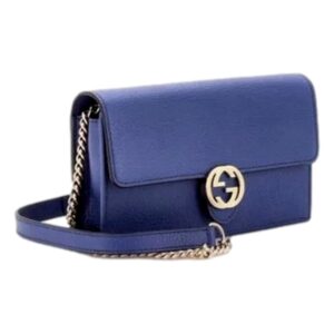 Blue leather handbag with gold chain strap