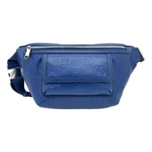 Blue designer waist bag with embossed logo