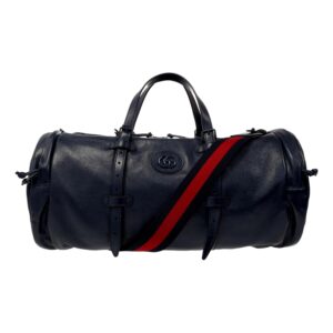 Black leather duffle bag with red stripe