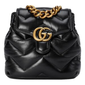 Black leather handbag with gold chain