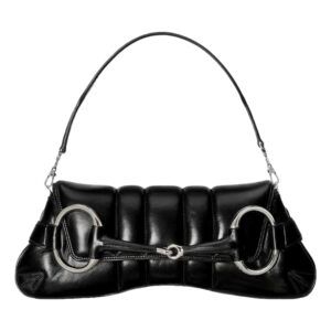 Black leather handbag with metal accents