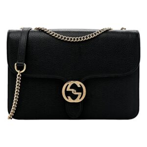 Black leather handbag with gold chain strap.