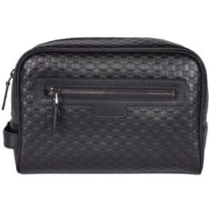 Black leather toiletry bag with zipper