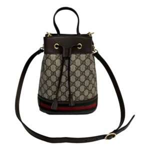Bucket bag featuring iconic pattern and strap
