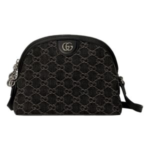 Black designer handbag with logo pattern