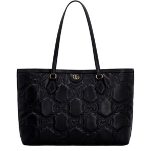 Black designer tote bag with embossed pattern