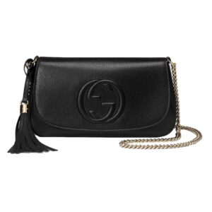 Black leather purse with gold chain strap