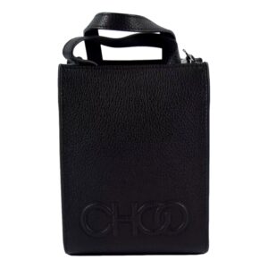 Black textured leather handbag with logo