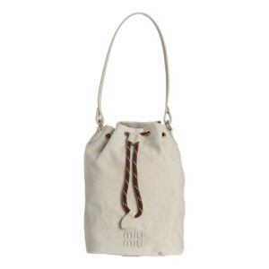 Beige drawstring bucket bag with handle