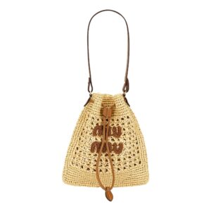 Woven straw bag with leather strap