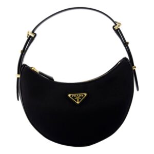Black crescent handbag with gold accents