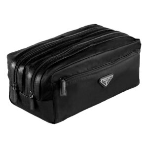 Black leather toiletry bag with multiple zippers