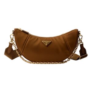 Brown crescent-shaped handbag with gold chain