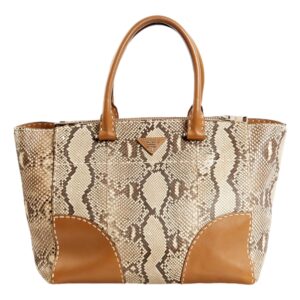 Snakeskin-patterned handbag with brown leather trim