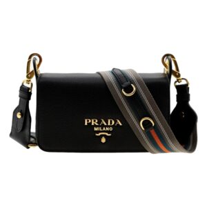 Designer crossbody bag with striped strap