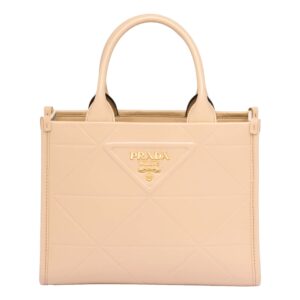 Beige designer handbag with gold logo.