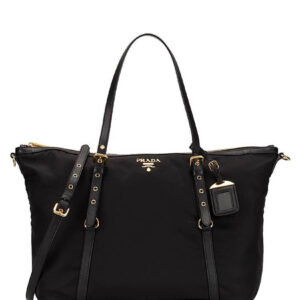 Black designer tote bag with gold accents.