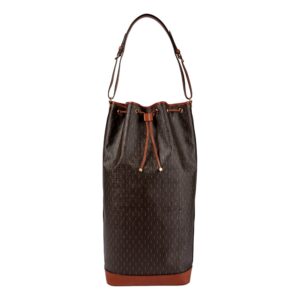 Stylish brown bucket bag with shoulder strap.