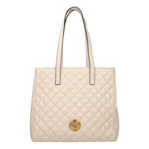 Beige quilted tote bag with gold emblem