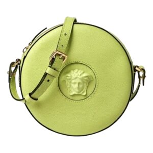 Fashionable green purse with gold buckle strap.