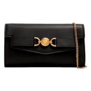 Black clutch with gold chain strap